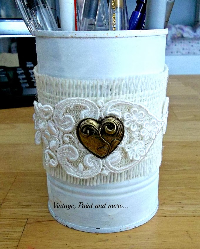 Tin Can Therapy - painted tin can with vintage lace and heart charm