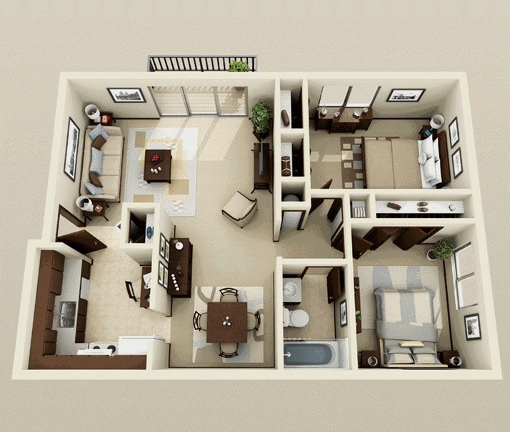 50 3D FLOOR PLANS, LAY-OUT DESIGNS FOR 2 BEDROOM HOUSE OR 