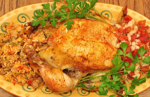 Roasted Chicken with Crawfish Rice Stuffing