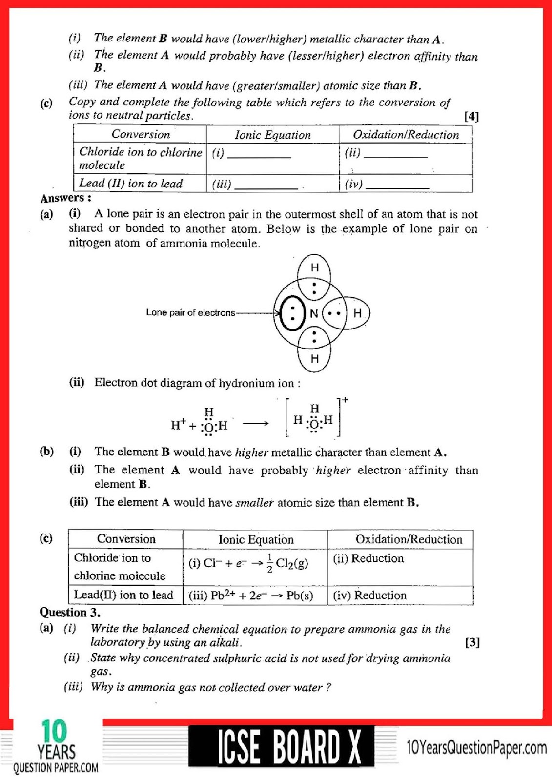 2018 Chemsitry Class 10 ICSE board Question Paper ICSE Chemistry Solved Question Paper 2018