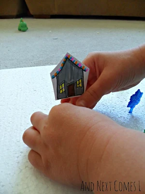 Homemade cardstock houses for fine motor practice from And Next Comes L