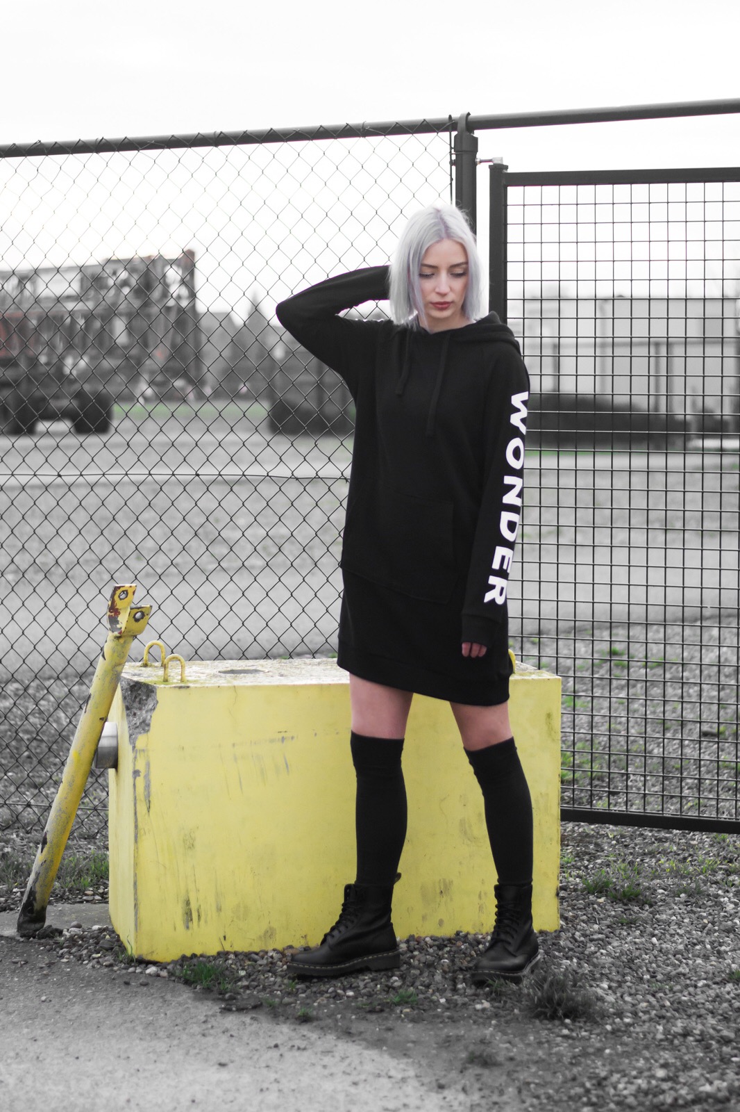 Black, sweater dress, hoodie dress, all black, dr martens boots, over the knee socks, outfit, urban, Q/S designed by