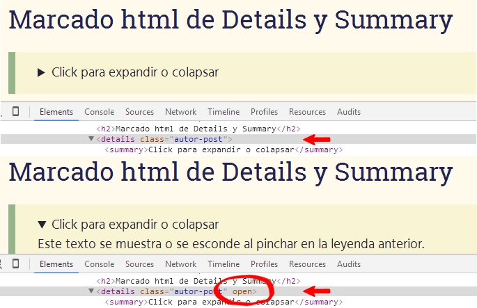 elemento details con atributo open tras pinchar su summary
