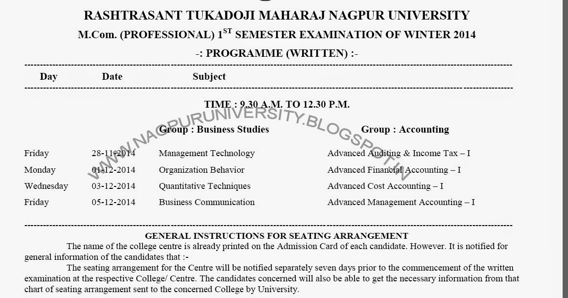 Nagpur University RTMNU M.Com 1St Sem Exam Time Table Winter 2014