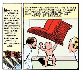 Action Comics (1938) #1 Page 1 Panel 3: Infant Superman lifts recliner above his head. Action Comics (1938) #1 Page 1 Panel 3: Infant Superman lifts recliner above his head.