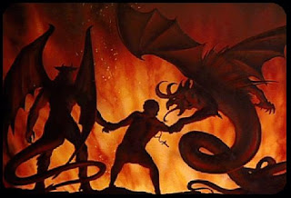 man struggling with demons in hell