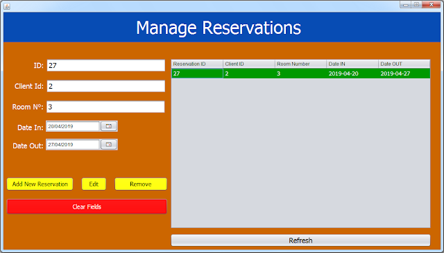 java hotel management system - manage reservations form