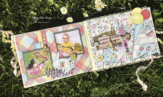 Colourful scrapbook album for children by Maria Lillepruun with Fabrika Decoru design paper "Bunny Birthday Party"
