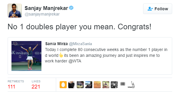 Sania Mirza- Sanjay Manjrekar  Tweet And The Troll.