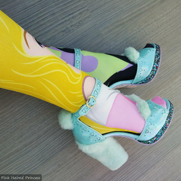 Irregular Choice Disney Dark Vs Light Tights furry heeled shoes worn with Sleeping Beauty Disney colourful tights