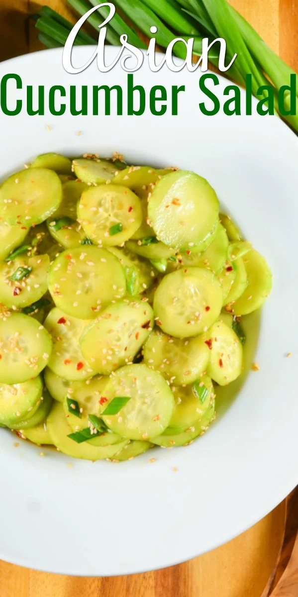 Asian Cucumber Salad is spicy sweet in a toasted sesame seed oil dressing with just a hint of honey  is a favorite side dish recipe for summer from Serena Bakes Simply From Scratch.