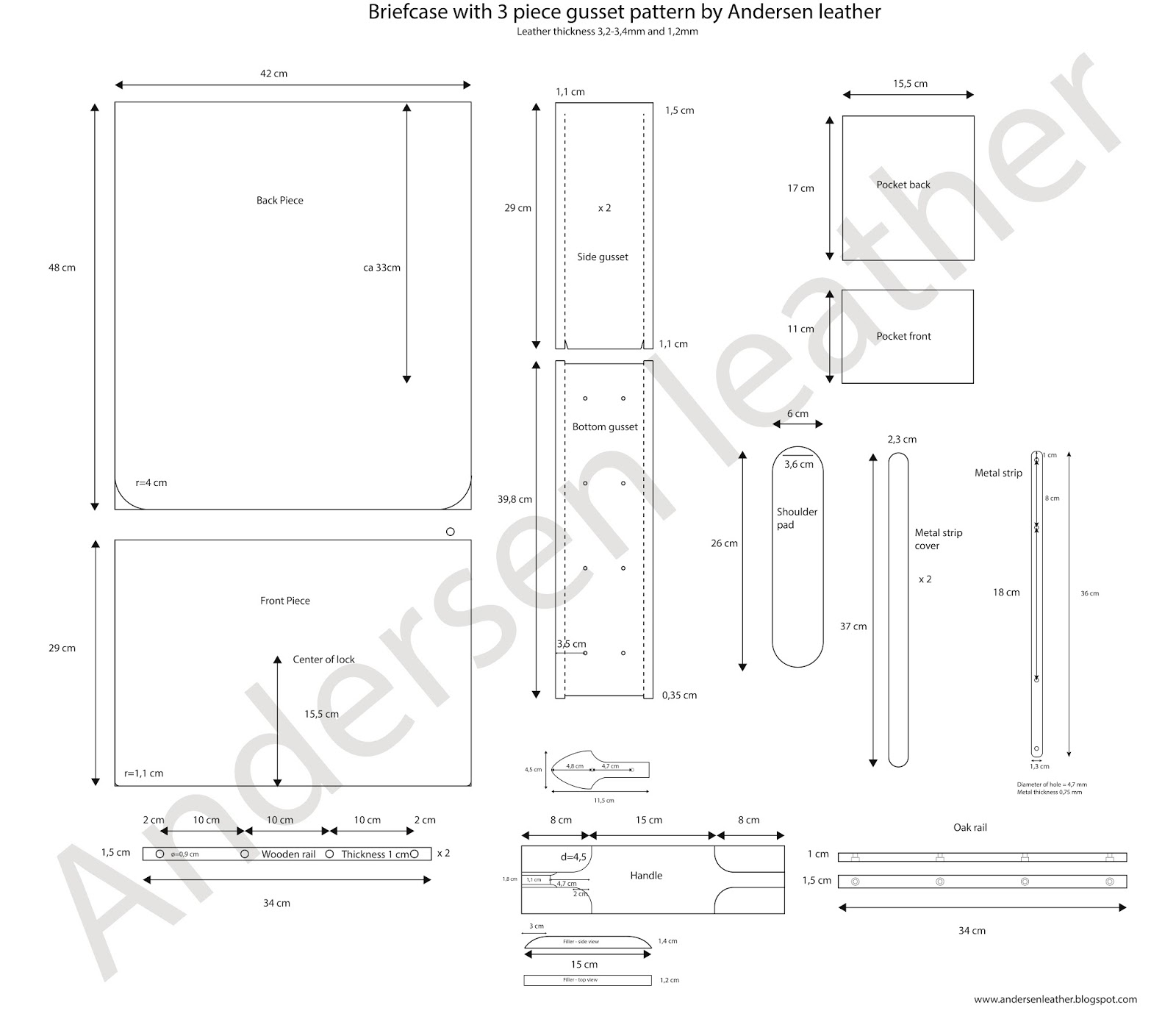 Andersen leather Pattern for the briefcase with 3 piece gusset