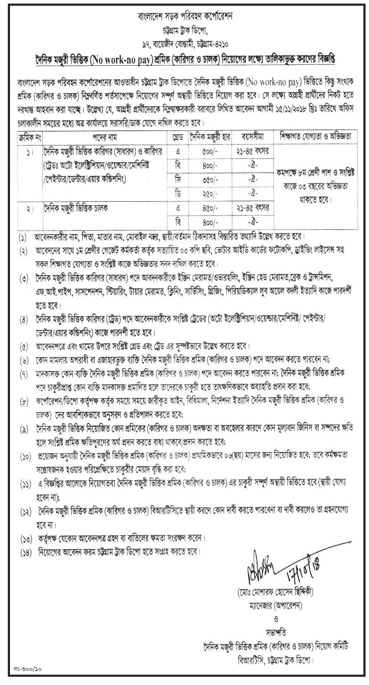Bangladesh Road Transport Corporation (BRTC) Job Circular 2018 
