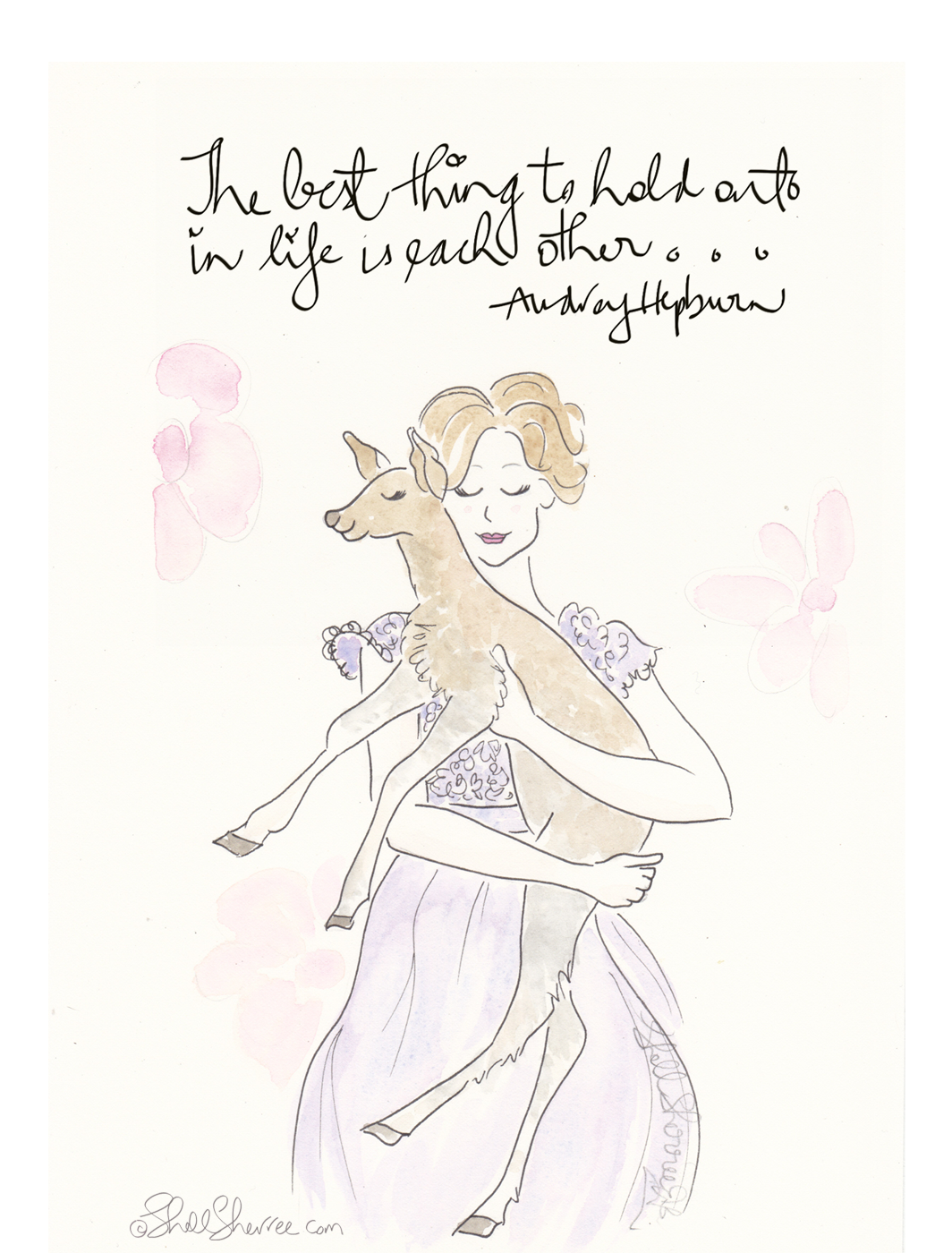 Audrey Hepburn and Dear Deer, fashion & fluffballs illustration © Shell-Sherree
