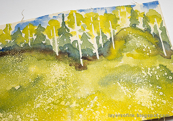 Layers of ink - Watercolor Meadow Notebook Tutorial by Anna-Karin Evaldsson. Rub off the masking fluid.