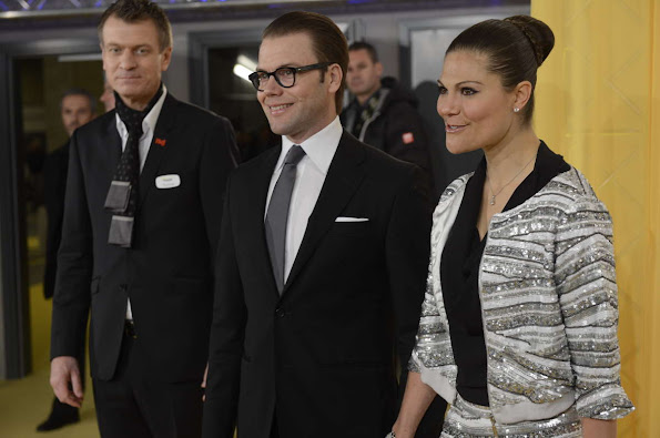 Princess Victoria wore a white and silver skirt and matching jacket, with a black satin top, from Swedish label Hunkydory