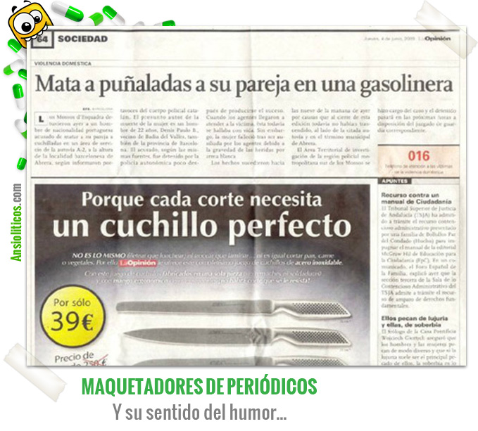 Recorte de Periódico: Anuncio de cuchillos desafortunado