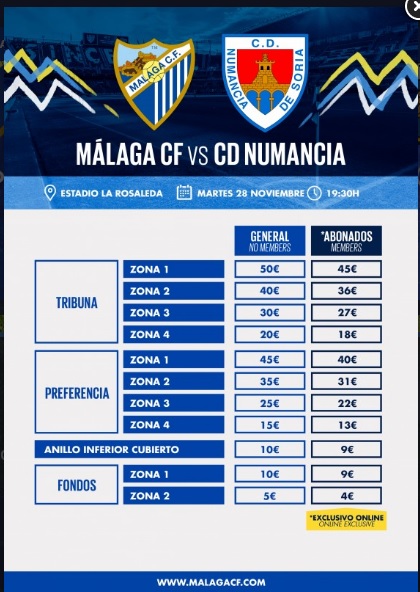 Málaga-Numancia, precios para no abonados