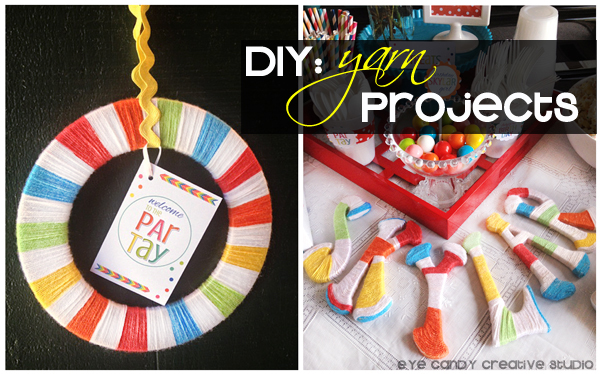 yarn projects, yarn wrapped letters, yarn wrapped wreath, rainbow party