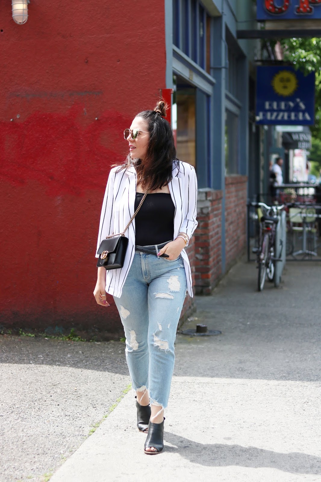 Black and white striped blazer outfit le chateau mother premium jeans tube top vancouver fashion blogger aleesha harris