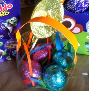chocolate eggs in a paper basket