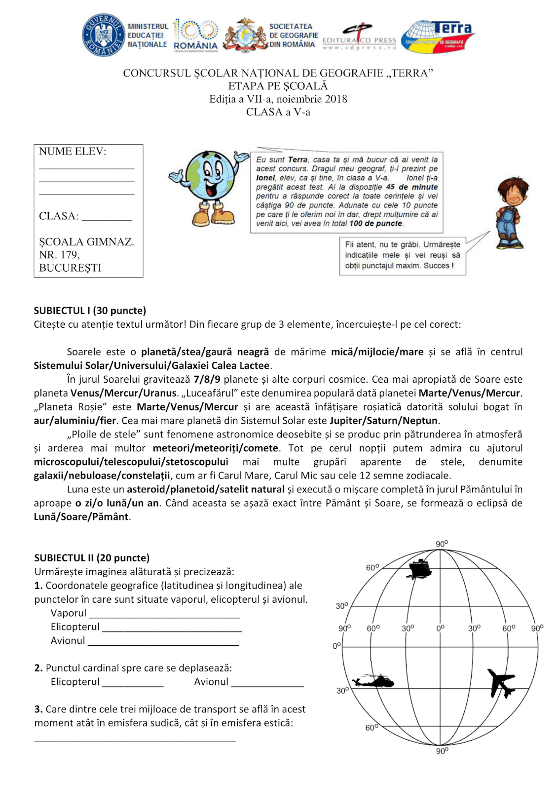 Geografilia modele de subiecte concursul terra etapa pe coal 