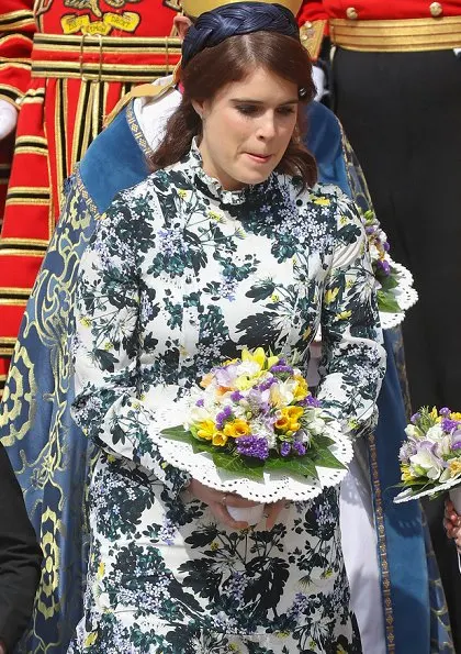 Queen Elizabeth II accompanied by Princess Eugenie of York, attended the Royal Maundy Service. Erdem Bernette floral print silk dress