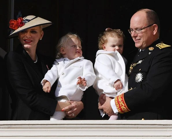 Prince Albert II and Princess Charlene with their twins Prince Jacques and Princess Gabriella of Monaco appear on the balcony of the Monaco Palace during the celebrations marking Monaco's National Day in Monaco.