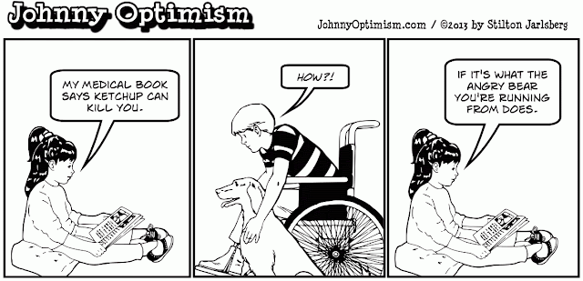 johnnyoptimism, johnny optimism, medical, humor, sick jokes, cartoon, wheelchair, stilton jarlsberg, medical book, hypochondriac