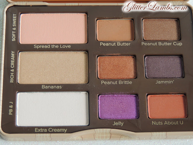 Too Faced Peanut Butter And Jelly Palette Makeup Swatches by Glitter Lambs www.GlitterLambs.com. Spread The Love, Bananas, Extra Creamy, Peanut Butter, Peanut Brittle, Jelly, Peanut Butter Cup, Jammin, Nuts About U, Eyeshadow Swatches of Too Faced makeup palette. Too Faced Peanut Butter And Jelly Palette Makeup Swatches by Glitter Lambs www.GlitterLambs.com. Spread The Love, Bananas, Extra Creamy, Peanut Butter, Peanut Brittle, Jelly, Peanut Butter Cup, Jammin, Nuts About U, Eyeshadow Swatches of Too Faced makeup palette.