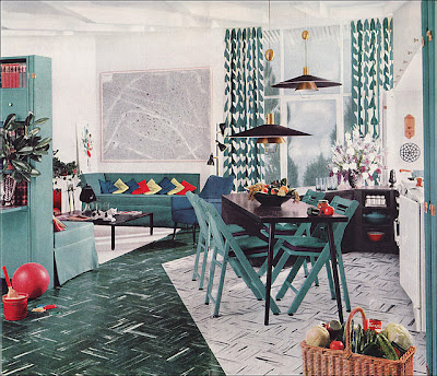 mid-century living dining room with blue accents