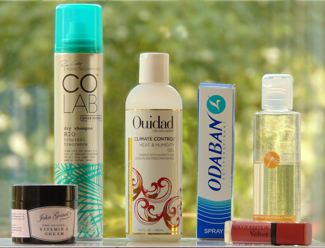 July Favourites 2015 featuring John Gosnells Vitamin E Cream, CoLab Dry Shampoo in the Scent Rio, Ouidad Climate Control Heat & Humidity Gel, Odoban Antiperspirant, Bravura Purifying Calendula Toner, Bourjois Rouge Edition Velvet in the Shade Beau Brun.