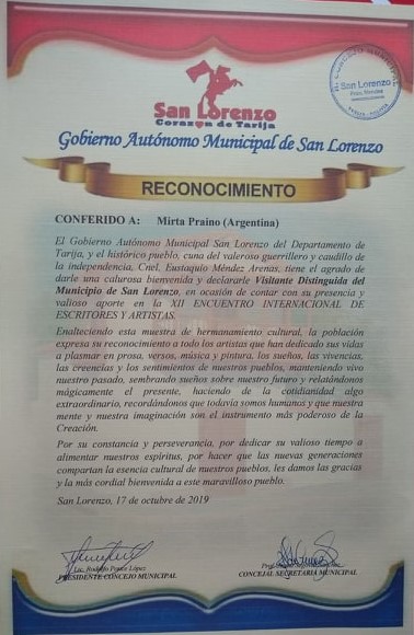 Reconocimiento Visitante Distinguida San Lorenzo Concejo Deliberante - Tarija. Bolivia