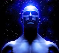 Alnında ve kafasının çevresinde mavi bir ışık olan insan çizimi