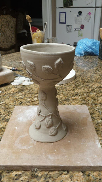 Beautiful handmade ceramic / pottery / stoneware goblet with leaf design, in progress.