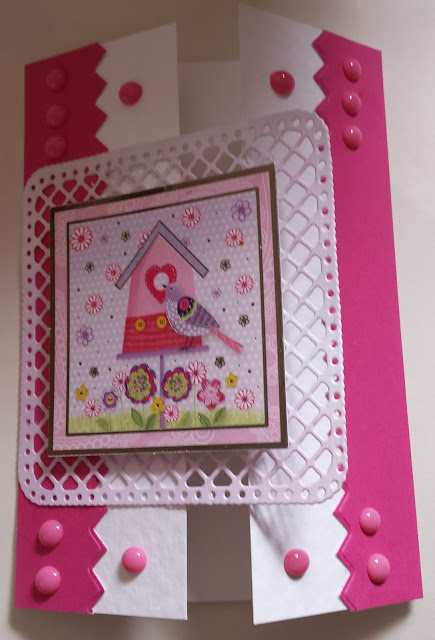 Bird and birdhouse on pink and white C6 gatefold card Bird and birdhouse on pink and white C6 gatefold card