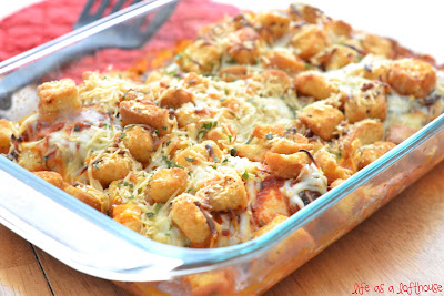 Chicken Parmesan Bake is chicken breasts covered in marinara sauce, basil, cheese and croutons. Life-in-the-Lofthouse.com