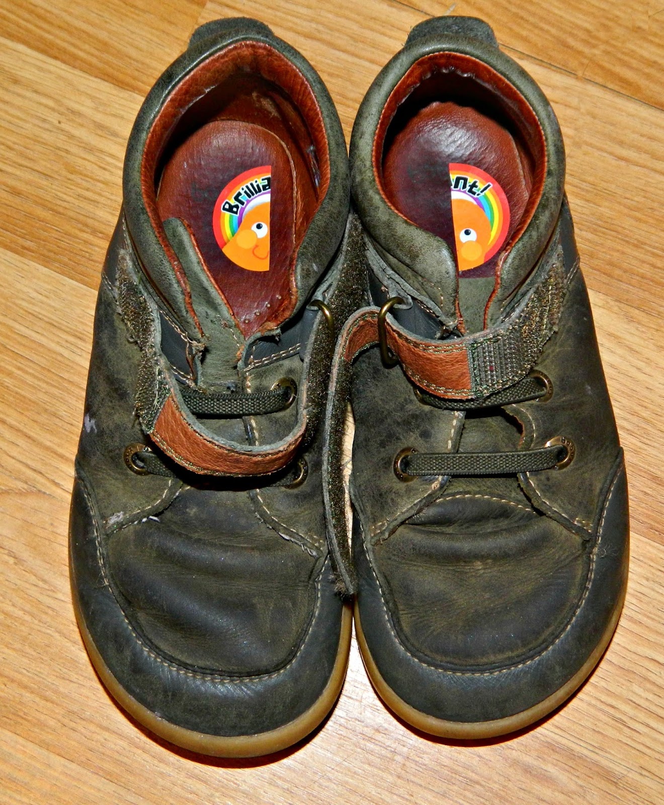 Half a sticker in each shoe to help learn left from right