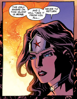 Image from Wonder Woman #2 (2011) by Brian Azzarello and Cliff Chiang with text over image of Wonder Woman/Diana: "the Only Shame on this Island is MINE and I will Take it from you all...never to return."