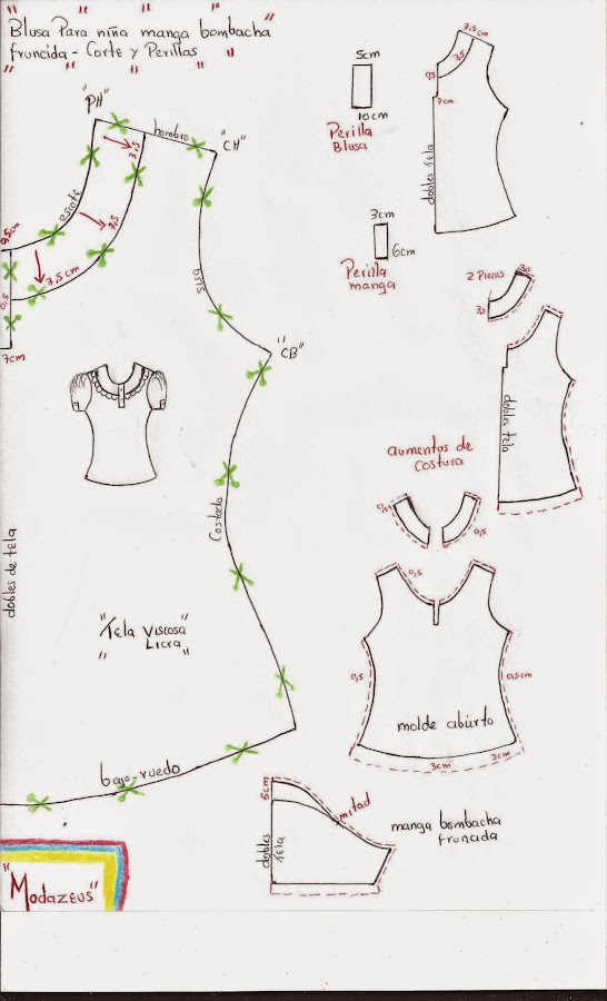 molderia de blusas con manga fruncida y perilla tiras