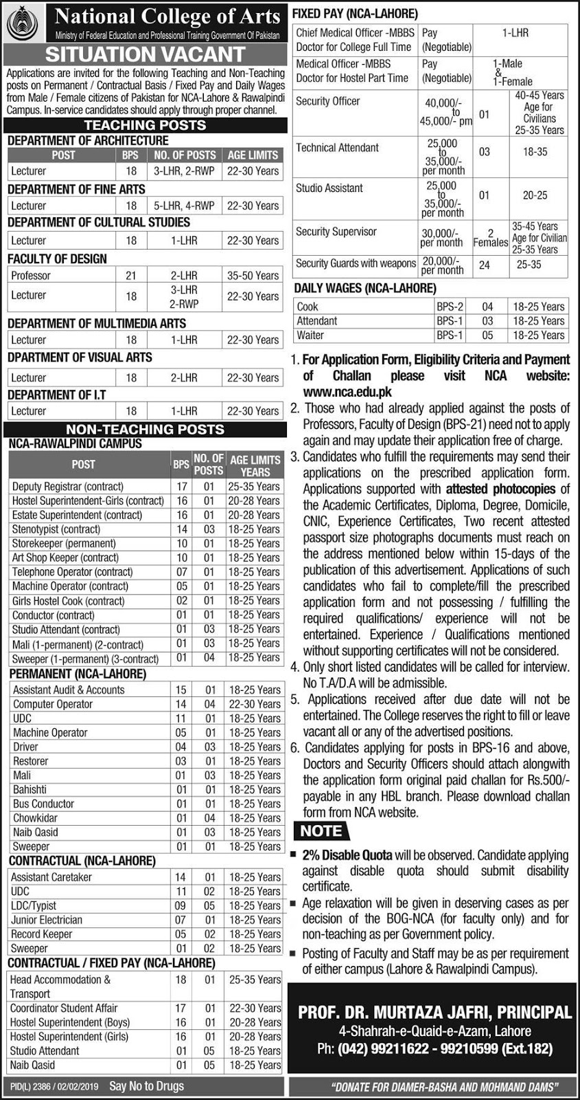 National College Of Arts Announced Jobs in Lahore