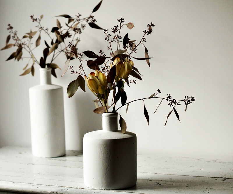 Blog + Fotografie by it's me! - Eukalyptus + Protea in weißen Steingut-Vasen