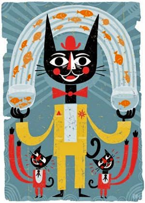 black cat juggling goldfish illustration by Ben Newman