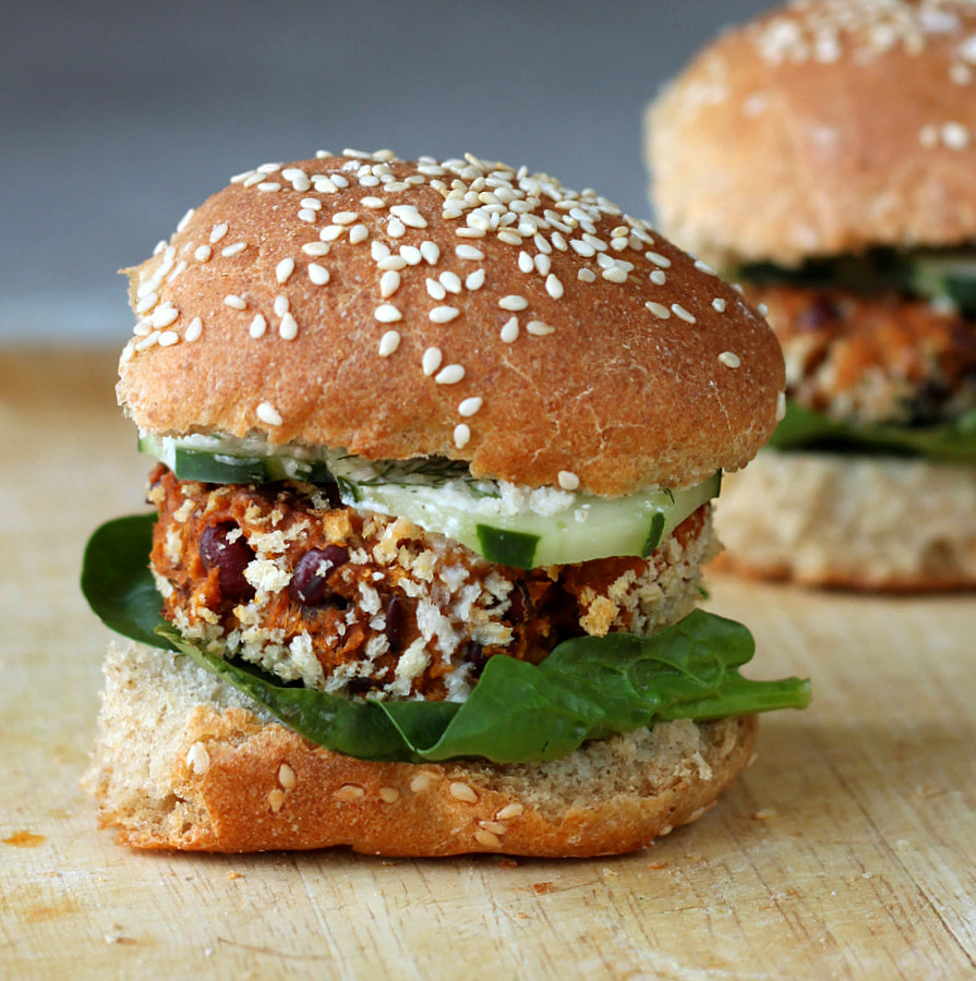 Adzuki bean burger sliders pictured on a cutting board