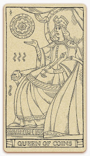 Queen of Coins card - inked illustration - In the spirit of the Marseille tarot - minor arcana - design and illustration by Cesare Asaro - Curio & Co. (Curio and Co. OG - www.curioandco.com)