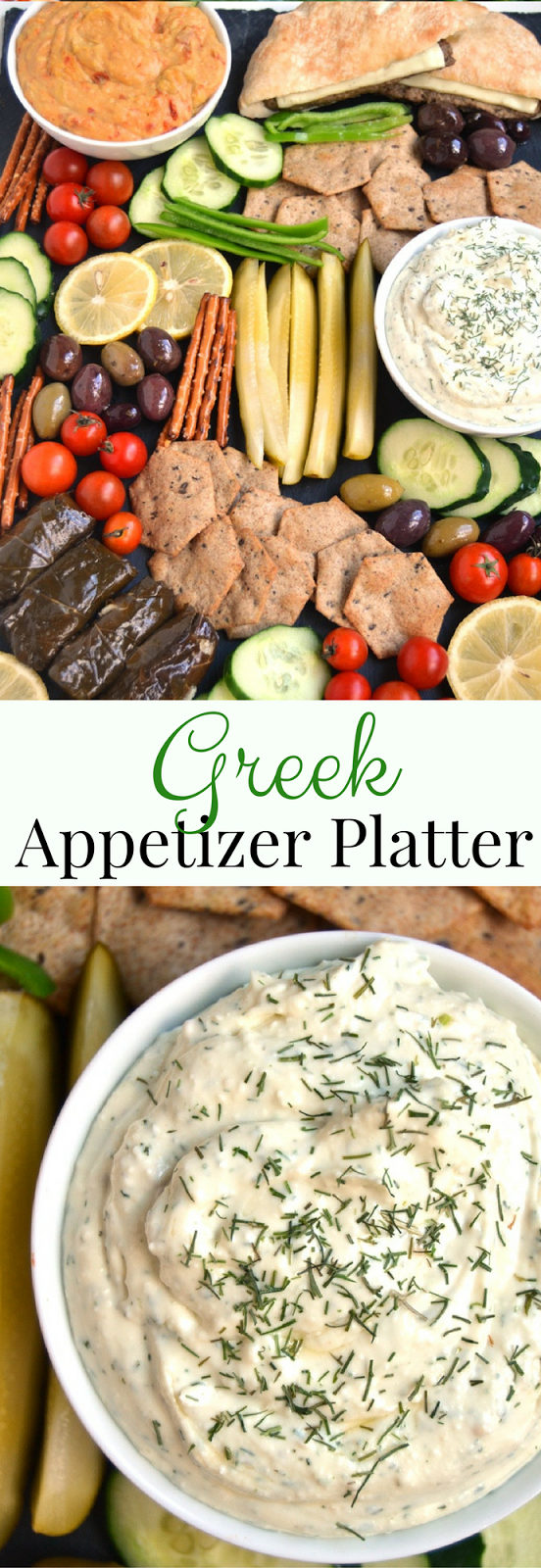 Greek Appetizer Platter is super easy to make with homemade Lemon, Feta and Dill Dip, Greek olives, tomatoes, grape leaves, hummus, pickles, peppers, gyro sandwiches and more. All ready in 10 minutes! www.nutritionistreviews.com