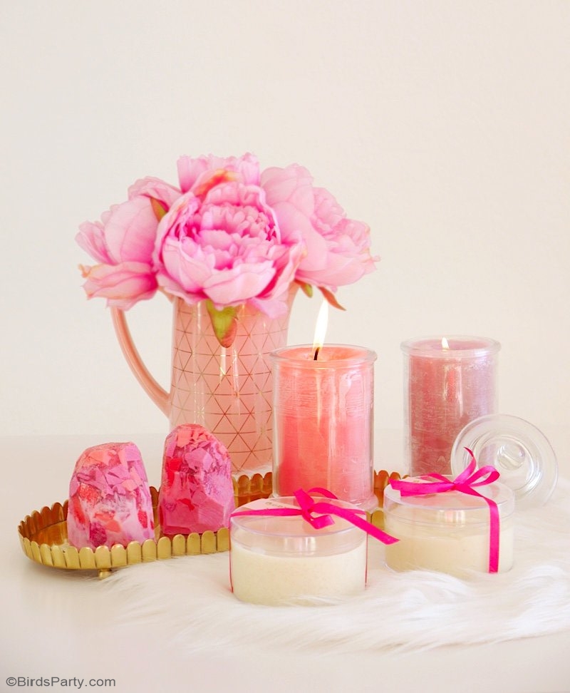 DIY Spa Pampering Kit With Four Recipes - For you or to gift! Gemstone Soap, Scented Glitter Candles and Vegan Body Scrub and Butter. by BIrdsParty.com @birdsparty #valentinesday #valentinesdaycrafts #diy #crafts #handmadegifts #homemadegifts #gemtonesoaps #geodesoaps #diycandles #scentedcandles #glittercandles #vegancrub #naturalcosmetics #veganbodybutter #handcreamDIY#spaparty #spakit #diyspakit #pamperingkit