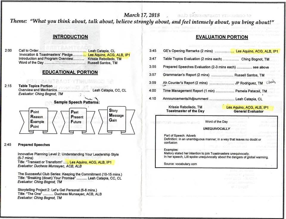 Toastmasters Speeches Mar 17, 2018 Toastmasters Meeting