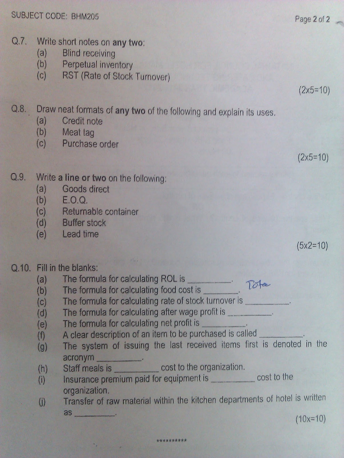 Food and beverage service important questions