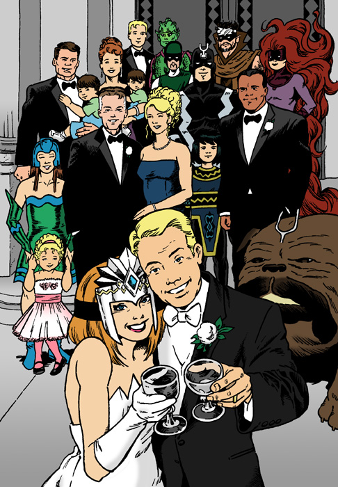 Johnny Storm and Crystal on their wedding day, offering a champagne toast outside the church. Behind them stand Reed Richards, Sue Richards, Franklin Richards, Ben Grimm, Sharon Grimm, and Wyatt Wingfoot in formalwear. Ben and Sharon have twin sons, Jake Grimm and Danny Grimm. Johnny has brought his young daughter Marcia Storm. Among them stand the royal family of the Inhumans in their traditional costumes: Black Bolt, Medusa, Gorgon, Karnak, and Triton, as well as Luna Maximoff and Black Bolt's son Darkling Syblack. To the side stands Lockjaw.